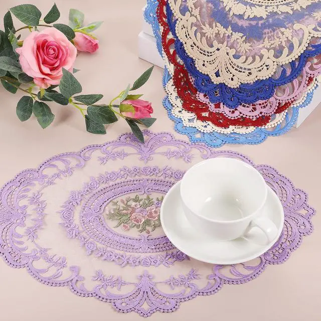Alt view image 4 of 7 - Placemat 12x16in Oval Lace Embroidered Retro Blue Gray