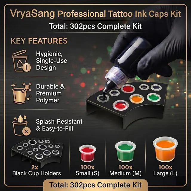 Alt view image 2 of 7 - 302Pcs Tattoo Ink Caps Kit Tattoo Ink Cups Holder Tattoo Supplies