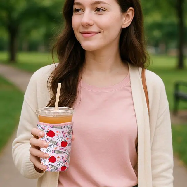 Alt view image 2 of 7 - Reusable Insulated Neoprene Iced Coffee Cup Sleeve, Durable Drink Sleeve for Cold Beverages, Beverage Holder for Iced Coffee, Teacher Treasure