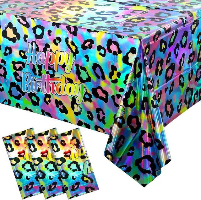 Main image of 3 Pack Iridescent Cheetah Print Birthday Plastic Tablecloth 54X108 Inch