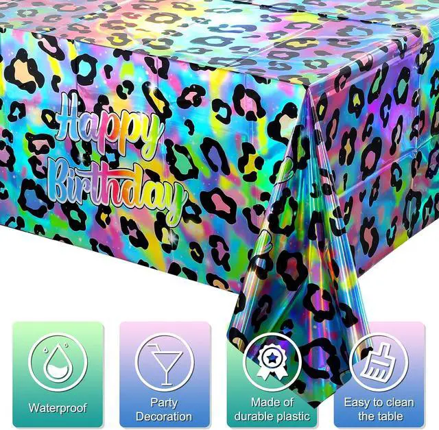 Alt view image 3 of 7 - 3 Pack Iridescent Cheetah Print Birthday Plastic Tablecloth 54X108 Inch