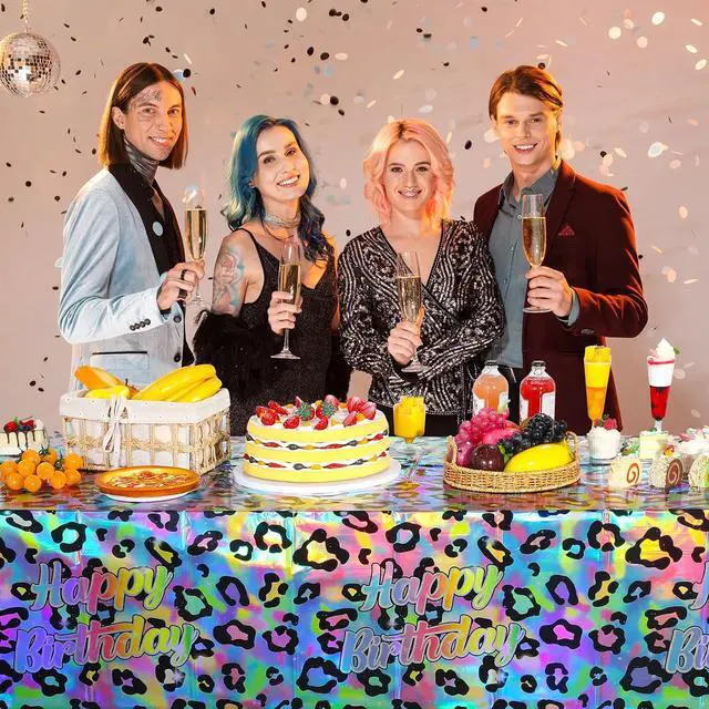 Alt view image 6 of 7 - 3 Pack Iridescent Cheetah Print Birthday Plastic Tablecloth 54X108 Inch