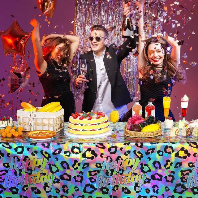 Alt view image 7 of 7 - 3 Pack Iridescent Cheetah Print Birthday Plastic Tablecloth 54X108 Inch