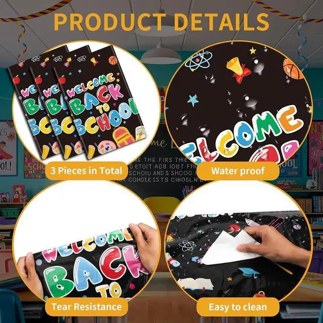 Alt view image 3 of 7 - 3 PCS Back to School Tablecloth 108x54 inches, Waterproof Welcome Back to School Table Cover for First Day of School Decorations in Classroom or Outdoor for Kindergarten and Primary School Students