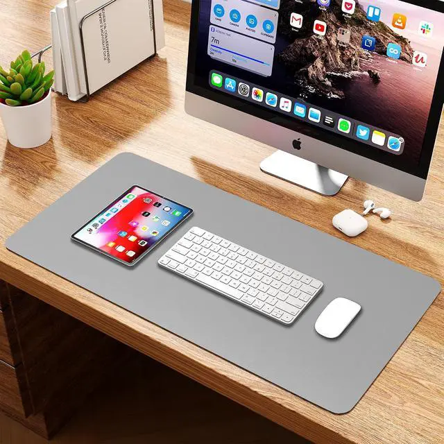 Alt view image 5 of 7 - Leather Desk Pad Protector, Waterproof Mouse Pad, PU Desk Mat, Office Desk Cover, Desk Writing Mat for Office/Home/Work/Cubicle (Gray/Silver) 23.6x13.7 in