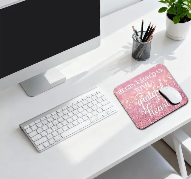 Alt view image 2 of 6 - Begin Each Day with A Grateful Heart Quote Mouse Pad, Pink Glitter Desk Mat