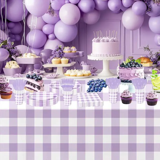 Alt view image 6 of 7 - Light Purple Gingham Party Tablecloth Decorations, 3 Pcs 55 x 86in