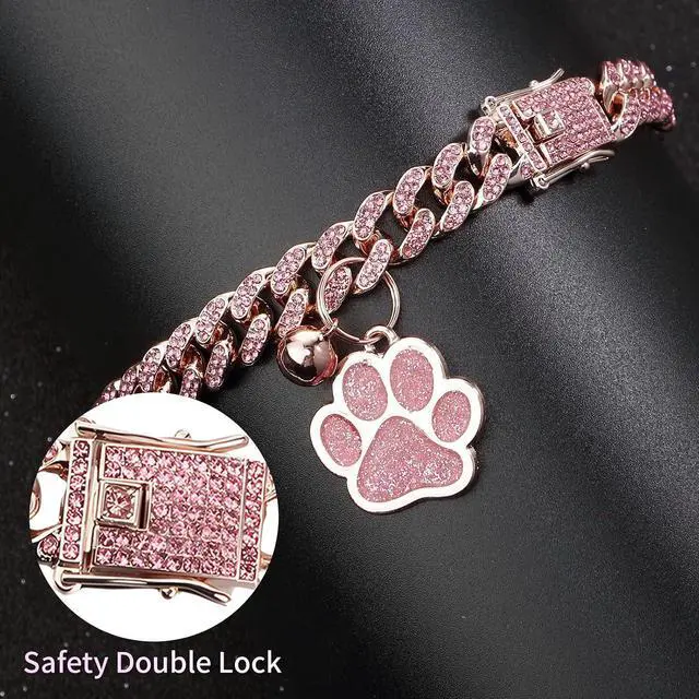 Alt view image 3 of 7 - Cat Collar Diamond Chain Glitter Collar Walking Metal with Secure Buckle Cat Pet Necklace with Paw Charm and ID Tag Bell Link Cuban Jewelry Accessories Gift(8 Inch,Rose Gold, Pink)
