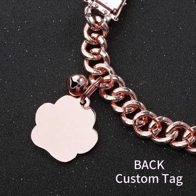 Alt view image 4 of 7 - Cat Collar Diamond Chain Glitter Collar Walking Metal with Secure Buckle Cat Pet Necklace with Paw Charm and ID Tag Bell Link Cuban Jewelry Accessories Gift(8 Inch,Rose Gold, Pink)