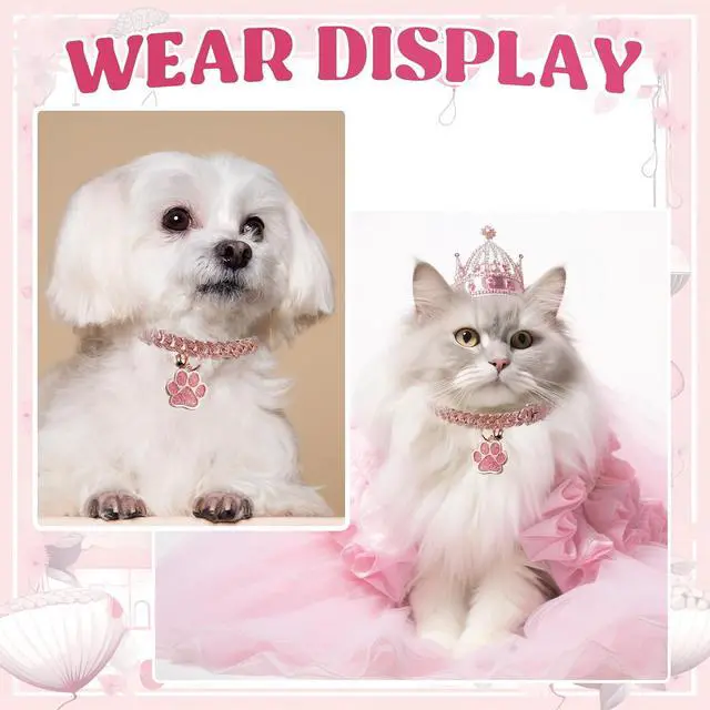 Alt view image 6 of 7 - Cat Collar Diamond Chain Glitter Collar Walking Metal with Secure Buckle Cat Pet Necklace with Paw Charm and ID Tag Bell Link Cuban Jewelry Accessories Gift(8 Inch,Rose Gold, Pink)