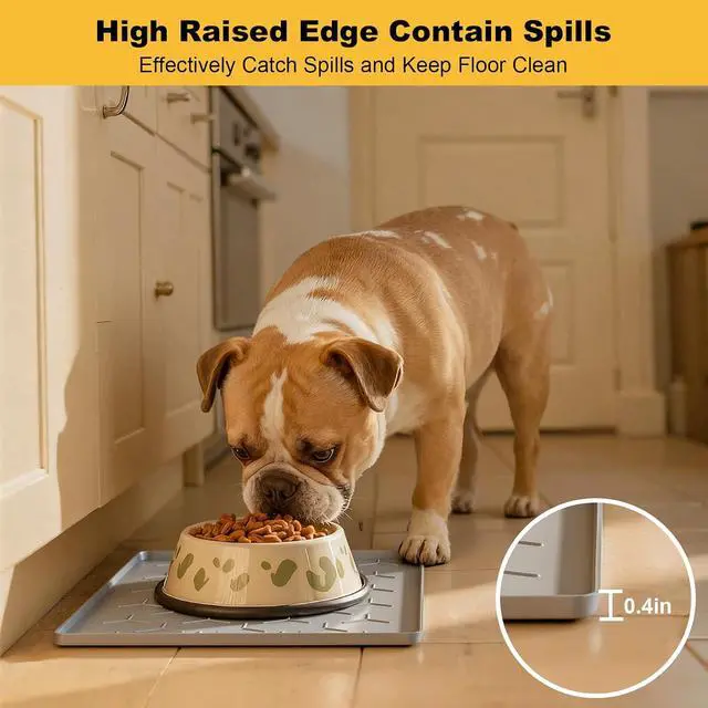 Alt view image 2 of 7 - Silicone Dog Cat Food Bowl Mat, Waterproof Raised Edge, 16'' x 12'' | Food-Grade Bpa-Free Pet Food Mat, Waterproof & Non-Slip, Raised Edges Contains Spills & Drips, Fits Pet Bowls and Fountains
