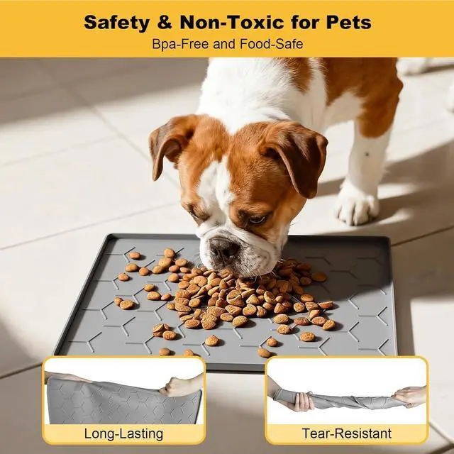 Alt view image 3 of 7 - Silicone Dog Cat Food Bowl Mat, Waterproof Raised Edge, 16'' x 12'' | Food-Grade Bpa-Free Pet Food Mat, Waterproof & Non-Slip, Raised Edges Contains Spills & Drips, Fits Pet Bowls and Fountains
