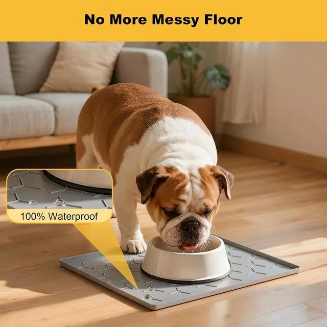 Alt view image 4 of 7 - Silicone Dog Cat Food Bowl Mat, Waterproof Raised Edge, 16'' x 12'' | Food-Grade Bpa-Free Pet Food Mat, Waterproof & Non-Slip, Raised Edges Contains Spills & Drips, Fits Pet Bowls and Fountains