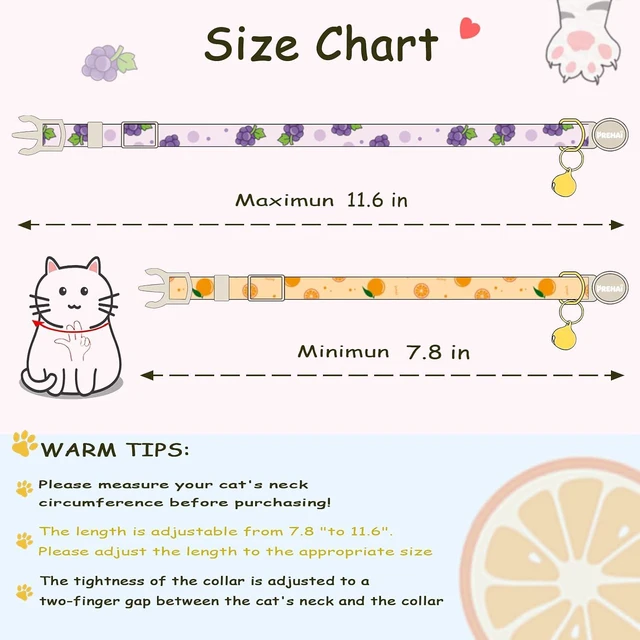 Alt view image 2 of 6 - Cat Collar Breakaway with Bells 2 Pack Yellow Orange Purple Grapes Pattern Summer Spring Cats Collars for Girl Boy Cats Kittens