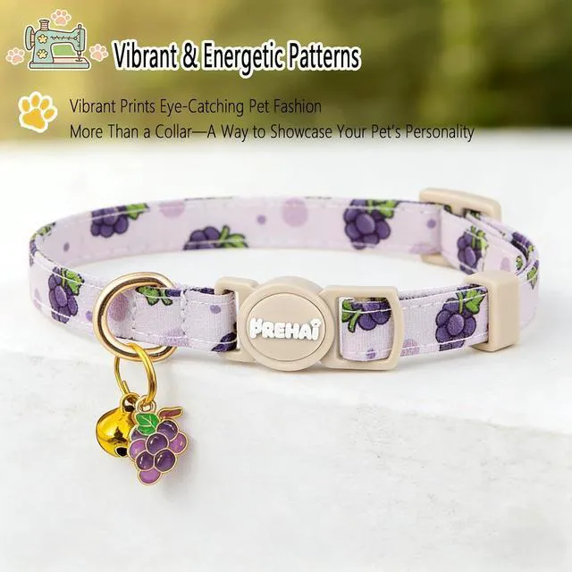 Alt view image 3 of 6 - Cat Collar Breakaway with Bells 2 Pack Yellow Orange Purple Grapes Pattern Summer Spring Cats Collars for Girl Boy Cats Kittens