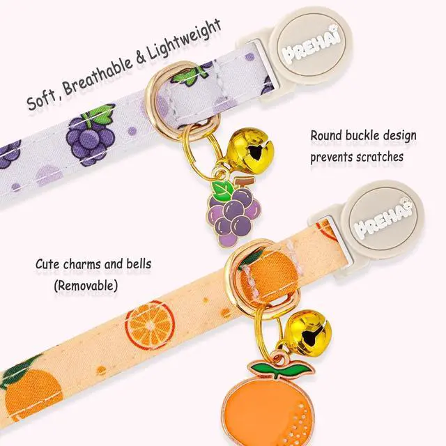 Alt view image 6 of 6 - Cat Collar Breakaway with Bells 2 Pack Yellow Orange Purple Grapes Pattern Summer Spring Cats Collars for Girl Boy Cats Kittens