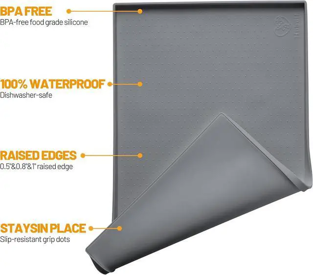 Alt view image 2 of 7 - Dog Feeding Mat,100% Waterproof BPA Free Silicone Pet Food and Water Bowl Placemat,Dishwasher, High Raised Edge to Prevent Spills,Nonslip Tray to Stop Messes on Floor (19"x12"x0.5", Grey)