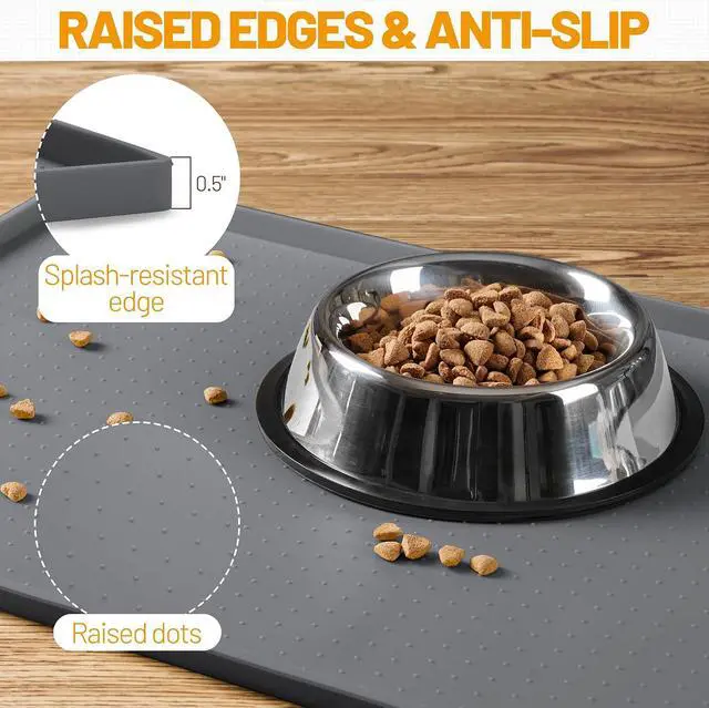 Alt view image 3 of 7 - Dog Feeding Mat,100% Waterproof BPA Free Silicone Pet Food and Water Bowl Placemat,Dishwasher, High Raised Edge to Prevent Spills,Nonslip Tray to Stop Messes on Floor (19"x12"x0.5", Grey)