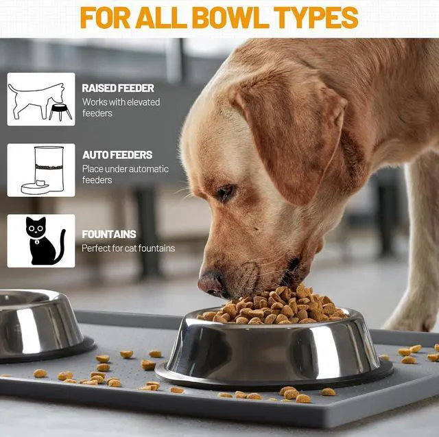 Alt view image 6 of 7 - Dog Feeding Mat,100% Waterproof BPA Free Silicone Pet Food and Water Bowl Placemat,Dishwasher, High Raised Edge to Prevent Spills,Nonslip Tray to Stop Messes on Floor (19"x12"x0.5", Grey)