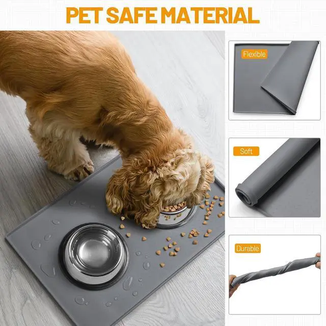 Alt view image 5 of 7 - Dog Feeding Mat,100% Waterproof BPA Free Silicone Pet Food and Water Bowl Placemat,Dishwasher, High Raised Edge to Prevent Spills,Nonslip Tray to Stop Messes on Floor (19"x12"x0.5", Grey)
