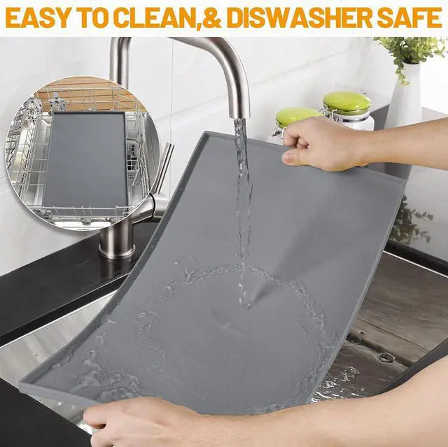 Alt view image 7 of 7 - Dog Feeding Mat,100% Waterproof BPA Free Silicone Pet Food and Water Bowl Placemat,Dishwasher, High Raised Edge to Prevent Spills,Nonslip Tray to Stop Messes on Floor (19"x12"x0.5", Grey)