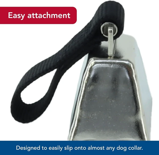Alt view image 3 of 7 - Water & Woods Nickel Cow Bell for Dogs by Pet - Durable Noise Maker - Easy Attachment - Nickel-Plated Material with Nylon Handle - Black, Small