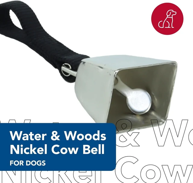 Alt view image 2 of 7 - Water & Woods Nickel Cow Bell for Dogs by Pet - Durable Noise Maker - Easy Attachment - Nickel-Plated Material with Nylon Handle - Black, Small