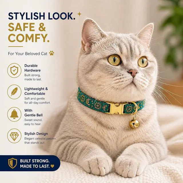 Alt view image 2 of 6 - Cat Collar with Bell for Kittens & Cats, Moon & Stars Design | Adjustable Fit, Bell Helps Track Your Pet, Non-Breakaway Collar
