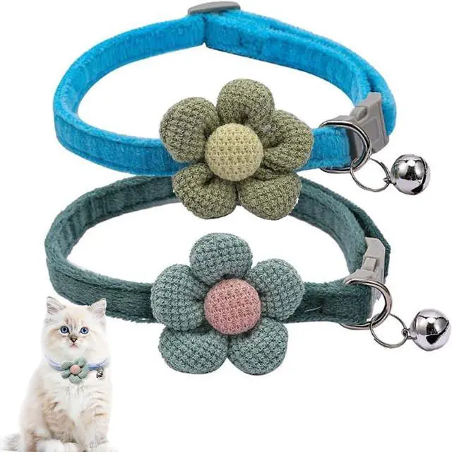 Main image of XXS Dog Collar with Bell and Floral 2 Pack Girl Cat Collars Green Blue XS | Soft Suede Lightweight Cute for XSmall Extra Small Female Puppy Pet Little Kitten Yorkie Chihuahua X-Small
