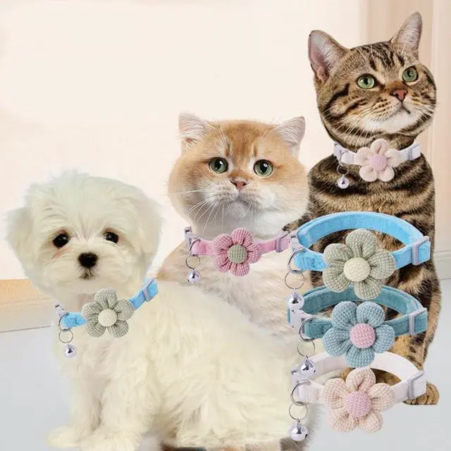 Alt view image 2 of 7 - XXS Dog Collar with Bell and Floral 2 Pack Girl Cat Collars Green Blue XS | Soft Suede Lightweight Cute for XSmall Extra Small Female Puppy Pet Little Kitten Yorkie Chihuahua X-Small