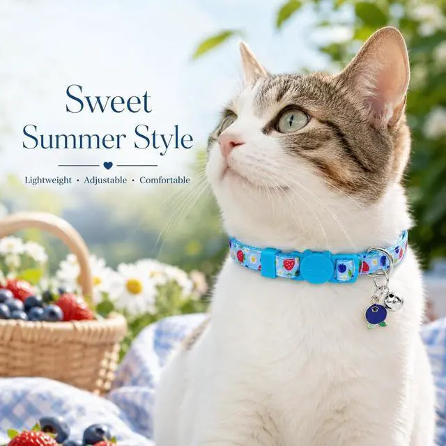 Alt view image 2 of 7 - Blueberry Daisy Cat Collar 2 Pack, Breakaway Kitten Collars with Bell & Charm, Adjustable 7.8-12.8 in, Soft Summer Cat Collars for Cats Kittens