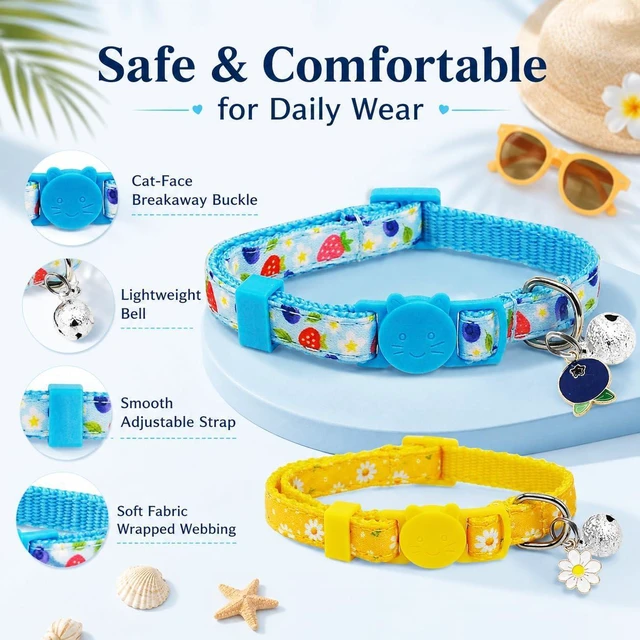 Alt view image 4 of 7 - Blueberry Daisy Cat Collar 2 Pack, Breakaway Kitten Collars with Bell & Charm, Adjustable 7.8-12.8 in, Soft Summer Cat Collars for Cats Kittens