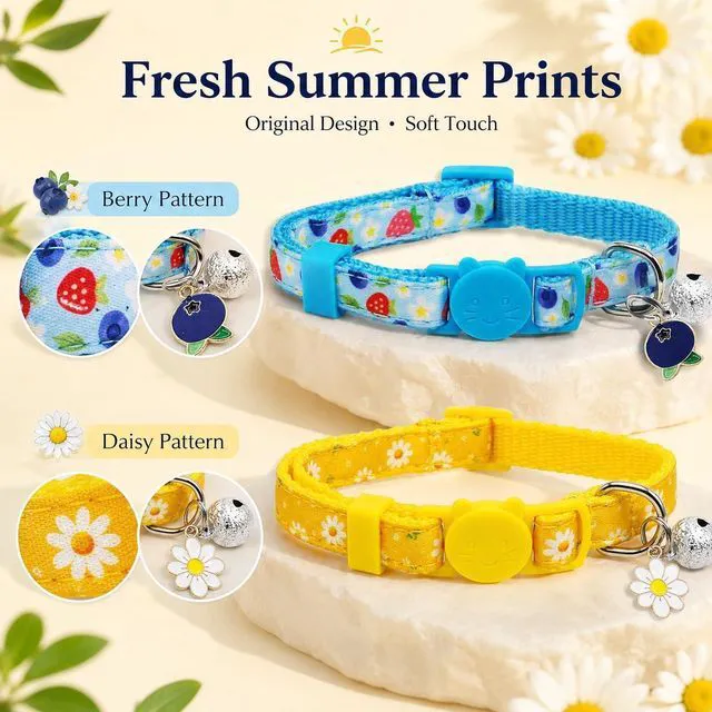 Alt view image 5 of 7 - Blueberry Daisy Cat Collar 2 Pack, Breakaway Kitten Collars with Bell & Charm, Adjustable 7.8-12.8 in, Soft Summer Cat Collars for Cats Kittens