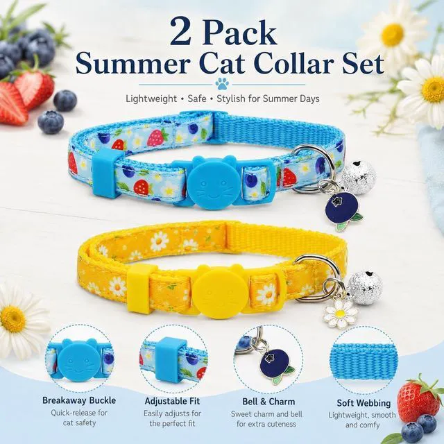 Alt view image 6 of 7 - Blueberry Daisy Cat Collar 2 Pack, Breakaway Kitten Collars with Bell & Charm, Adjustable 7.8-12.8 in, Soft Summer Cat Collars for Cats Kittens