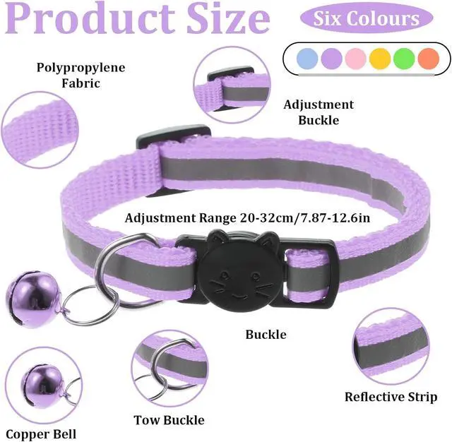 Alt view image 2 of 6 - 6 Pcs Kitten Collar with Bell, Reflective Cat Collar Breakaway Safety for Cats, Adjustable Nylon Pet Collar Mixed Colors 7.8-12.6 Inch