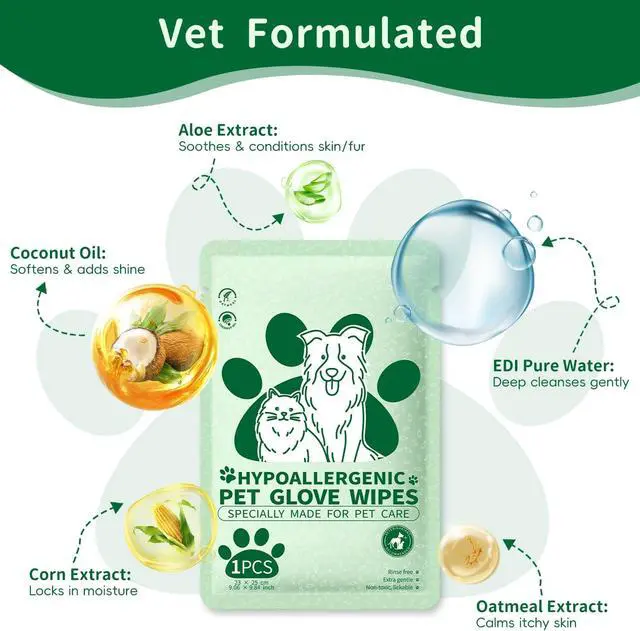 Alt view image 2 of 7 - Pet Grooming Glove Wipes for Dogs & Cats, 60g, 6 Pcs | Hypoallergenic, Deodorizing Cleansing, Coconut Oil & Botanical Extracts, Daily & Outdoor Care, Portable and Lightweight