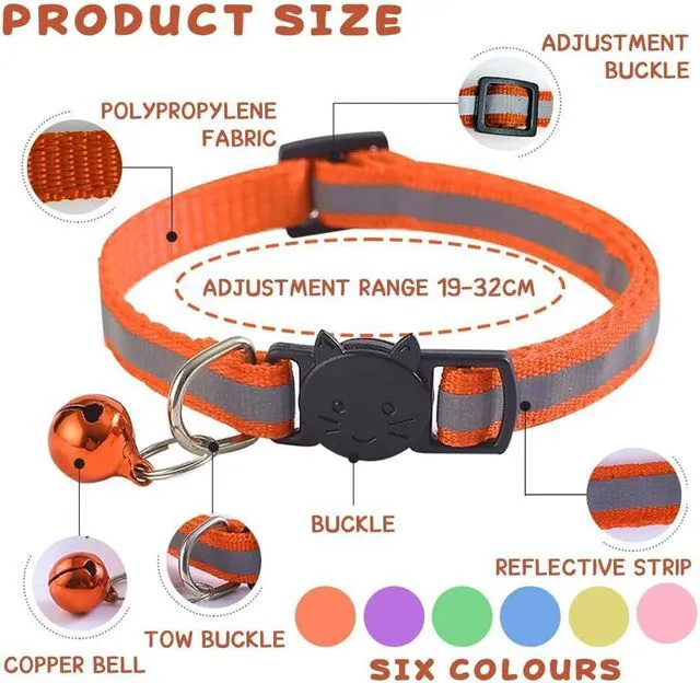 Alt view image 2 of 5 - 6-Pack Reflective Cat Collars with Bell Breakaway Safety Nylon Kitten Collars, Adjustable Pet Collars with Charming Bells, Mixed Colors in one Package.