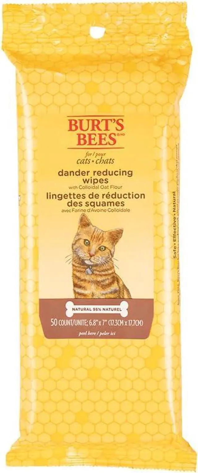 Main image of Burts Bees for Pets Cat Dander Remover Wipes, Unscented, 50 Count | Colloidal oat flour and aloe soothe dry skin and reduce flaking, gentle grooming for cats and kittens