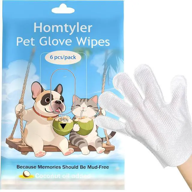 Main image of Dog Wipes & Cleaning Gloves 2-in-1 for Dogs and Cats, Extra-Thick Pet Wipes with Coconut Oil for Lick-Safe Paws, Eyes, Ears & Body, Rinse-Free Waterless Bath for Deodorizing&Cleansing, 6 PCS