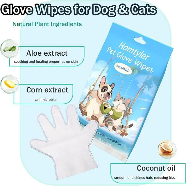 Alt view image 2 of 5 - Dog Wipes & Cleaning Gloves 2-in-1 for Dogs and Cats, Extra-Thick Pet Wipes with Coconut Oil for Lick-Safe Paws, Eyes, Ears & Body, Rinse-Free Waterless Bath for Deodorizing&Cleansing, 6 PCS
