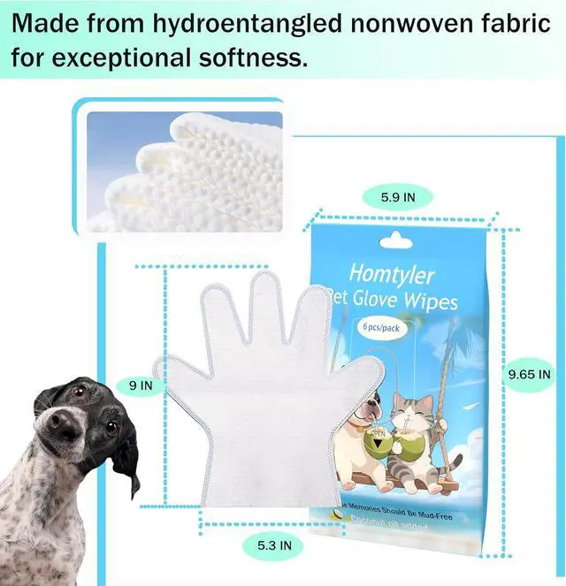 Alt view image 4 of 5 - Dog Wipes & Cleaning Gloves 2-in-1 for Dogs and Cats, Extra-Thick Pet Wipes with Coconut Oil for Lick-Safe Paws, Eyes, Ears & Body, Rinse-Free Waterless Bath for Deodorizing&Cleansing, 6 PCS