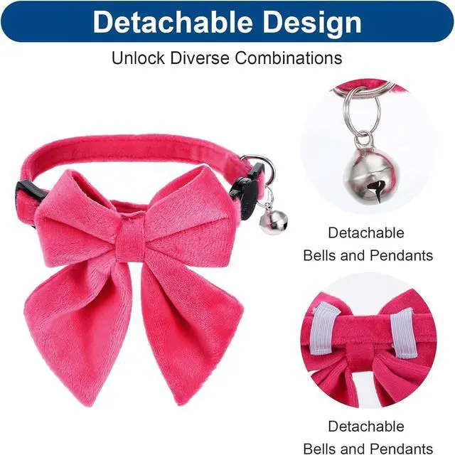 Alt view image 5 of 7 - 2 Pcs Soft Pure Cotton Breakaway Cat Collar, Kitten Collars with Bow Bells | Safety Buckle, Adjustable, with Removable Bowtie, for Girl Cats