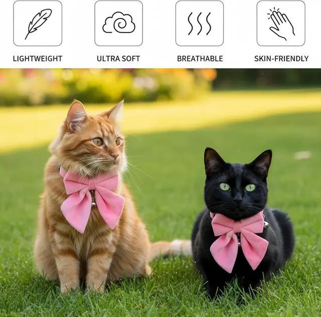 Alt view image 7 of 7 - 2 Pcs Soft Pure Cotton Breakaway Cat Collar, Kitten Collars with Bow Bells | Safety Buckle, Adjustable, with Removable Bowtie, for Girl Cats