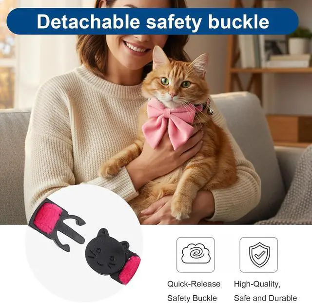 Alt view image 6 of 7 - 2 Pcs Soft Pure Cotton Breakaway Cat Collar, Kitten Collars with Bow Bells | Safety Buckle, Adjustable, with Removable Bowtie, for Girl Cats
