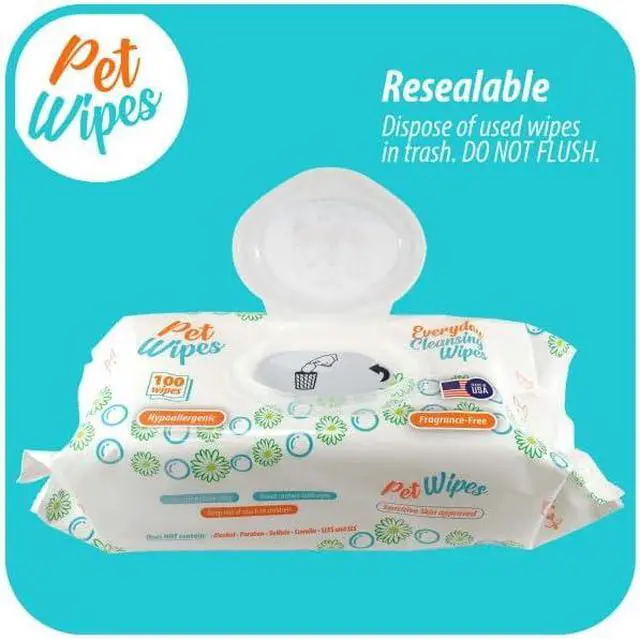 Alt view image 6 of 6 - pet Wipes for Dogs and Cats Hypoallergenic Natural Products for Cleansing from Nose to Tail 100 Count 8x7in Wipes Perfect for Grooming and Cleaning Made in the USA Fragance-Free