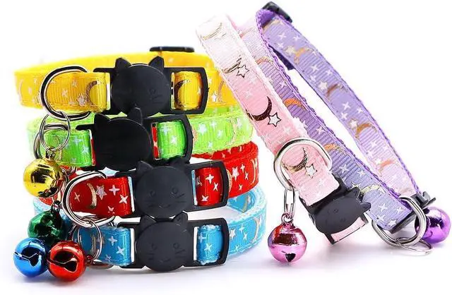 Alt view image 2 of 6 - Reflective Cat Collars Breakaway with Bell 2-Pack Girl Boy Pet Kitten Collar with Star Moon Patetrn Adjustable 7.5-12.5 Inch (Yellow)