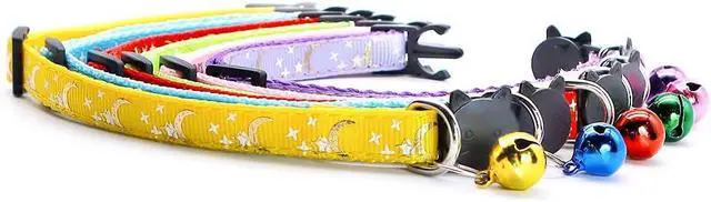 Alt view image 5 of 6 - Reflective Cat Collars Breakaway with Bell 2-Pack Girl Boy Pet Kitten Collar with Star Moon Patetrn Adjustable 7.5-12.5 Inch (Yellow)