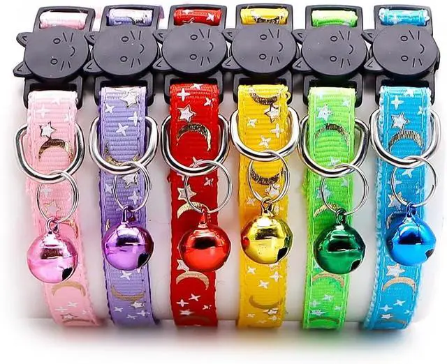 Alt view image 6 of 6 - Reflective Cat Collars Breakaway with Bell 2-Pack Girl Boy Pet Kitten Collar with Star Moon Patetrn Adjustable 7.5-12.5 Inch (Yellow)
