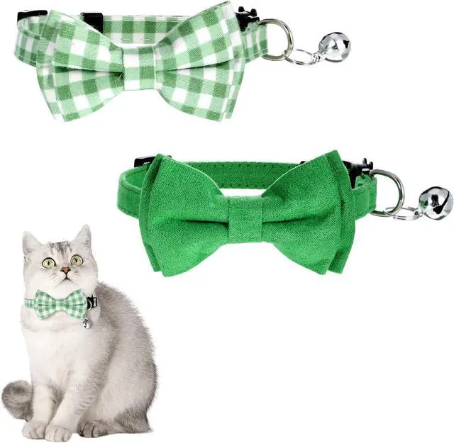 Main image of 2 PCS Green Cat Collar with Bell, Breakaway Bowtie Cat Collar Safety Buckle Bowtie Collars for Cats, 8-12 Inch Adjustable Kitten Bow Collars for Girl Boy Cats, Dogs, Pets