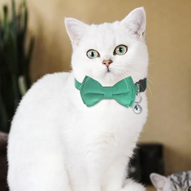 Alt view image 2 of 7 - 2 PCS Green Cat Collar with Bell, Breakaway Bowtie Cat Collar Safety Buckle Bowtie Collars for Cats, 8-12 Inch Adjustable Kitten Bow Collars for Girl Boy Cats, Dogs, Pets